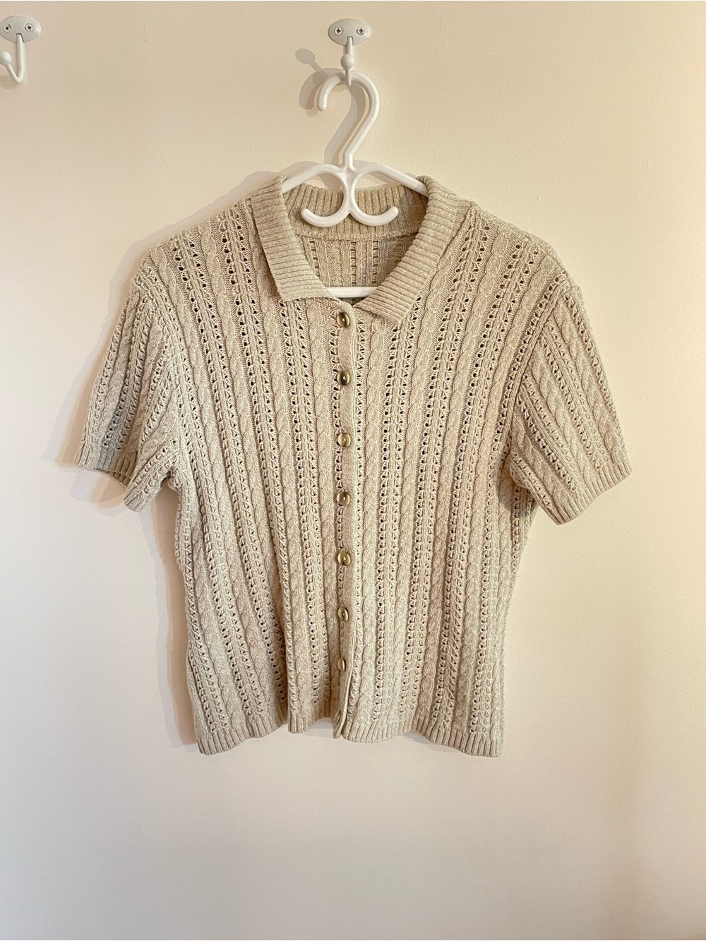 Classic Cream Knit Button-Up Short Sleeve Sweater